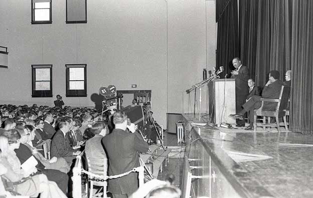 Martin Luther King Jr addresses an audience at the old Administration Building on Manchester College Campus